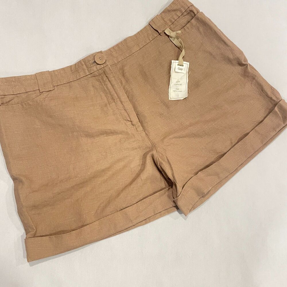 ~ Gap 14 Linen Shorts Hi-Rise Tan Coastal Classic Preppy Brown Womens Never Worn
